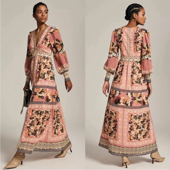 VINEET BAHL pink peasant boho tiered maxi dress embroidered long sleeve - Picture 1 of 10